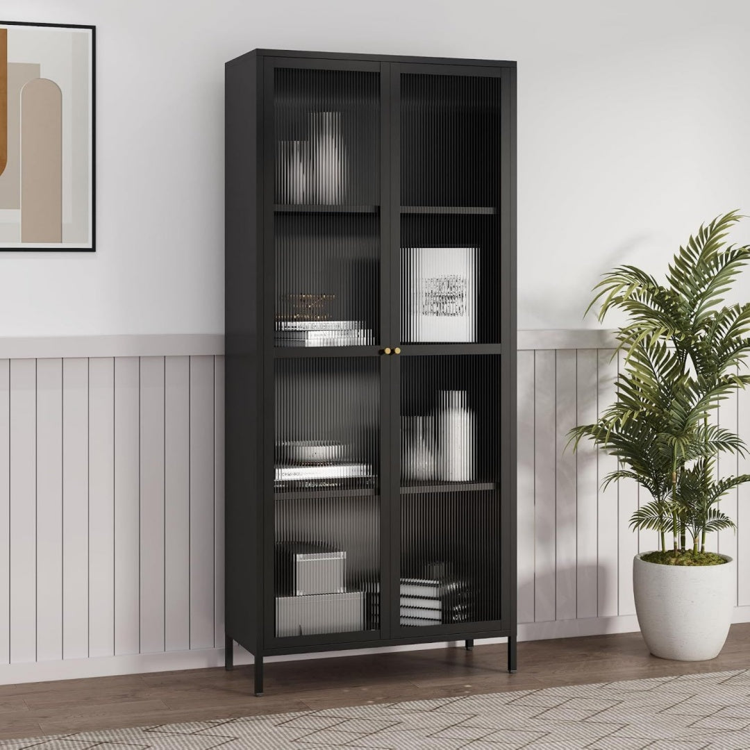 Armoire vitree gris 4 etageres, design moderne acier pour salon