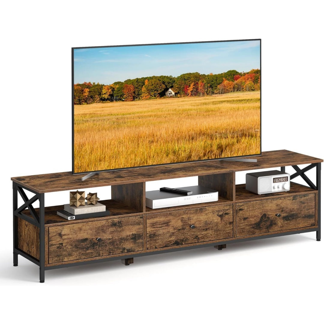 Meuble TV marron 3 etageres reglables, acier et style industriel