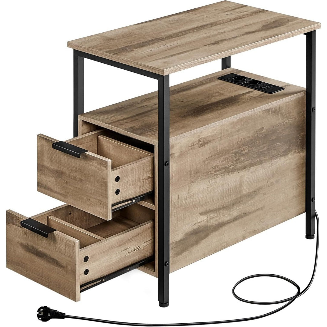 Chevet marron 2 etageres, finition rustique acier pour salon