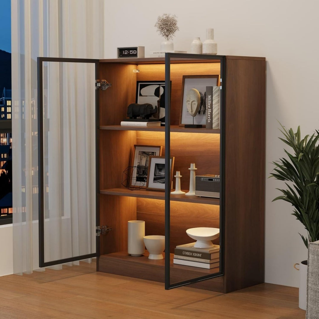 Vitrine d'exposition marron 3 etageres, esprit fermier bois ingenierie pour salon
