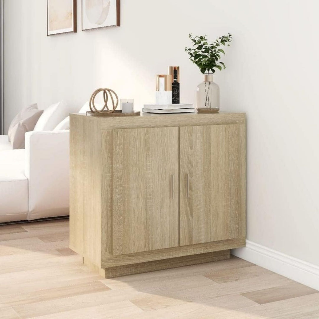 Buffet aspect naturel gris clair 2 etageres, bois ingenierie durable